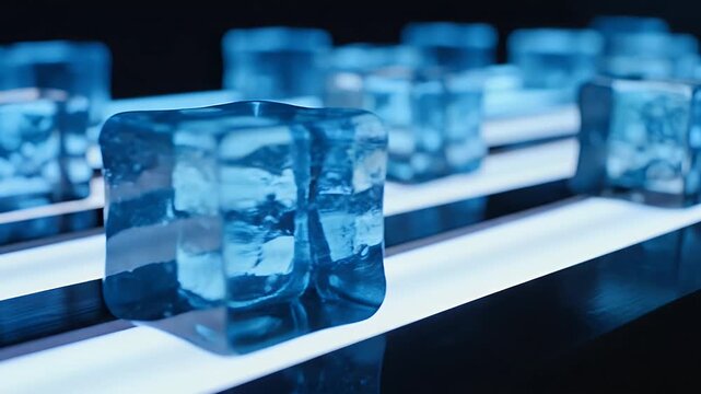 Transparent Blue Cubes on Light Strips - The video shows several translucent blue cubes placed on illuminated light strips, creating a futuristic or abstract visual.