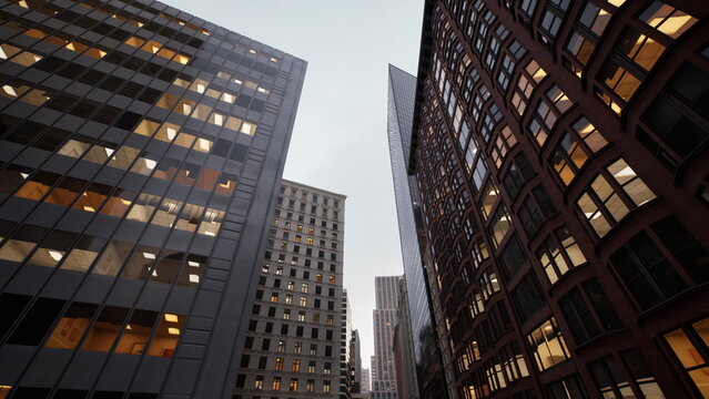 lowangle city skyscrapers at dusk, narrow canyon of glass and brick with warm office lights, rainsheened steel and reflective windows, moody perspective