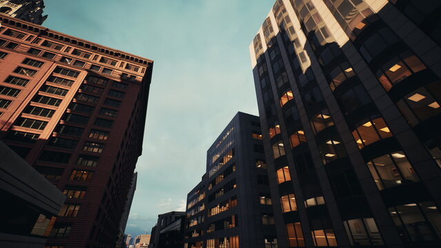 evening street canyon with lit windows. towering brick and glass buildings lining narrow avenue, warm office lights creating honeycomb patterns, intimate urban