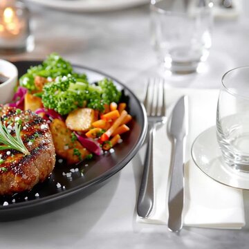 Slow motion tracking shot of grilled tomahawk steak being plated and garnished on restaurant table with vegetables and sauce