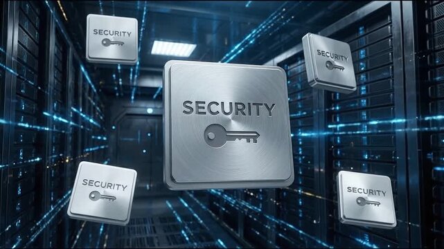 Secure data center environment with metallic security key icon floating amid server racks and metal locks, blue light trails and dynamic blue data streams conveying network protection, encryption