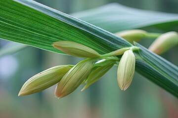 Fototapeta premium Close up of fresh green plant with young flower buds