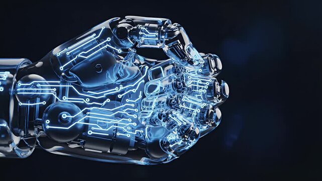 Transparent Robotic Hand with Glowing Circuitry - A transparent robotic hand with glowing blue circuitry is featured against a dark background.