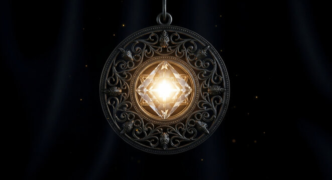Mystical Charm: A radiant medallion, crafted with intricate detail, glows with inner light, suspended against a mysterious dark background. 