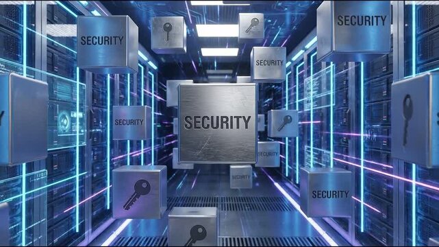 Secure metal block and floating key icons futuristic server room conveying cyber protection, security metal cube network lock key data center encryption, secure data center interior with floating