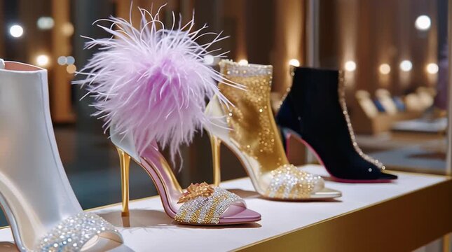 Slow pan tracking shot of designer high heeled shoes displayed on boutique shelf with glittering gold accents and soft bokeh lighting