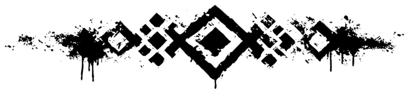 Symmetrical ethnic tribal ornament with geometric diamond shapes and ink splatter texture