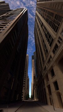 usurper. Photorealistic view down a deep, narrow street between modern skyscrapers, dramatic perspective. real-estate listings.
