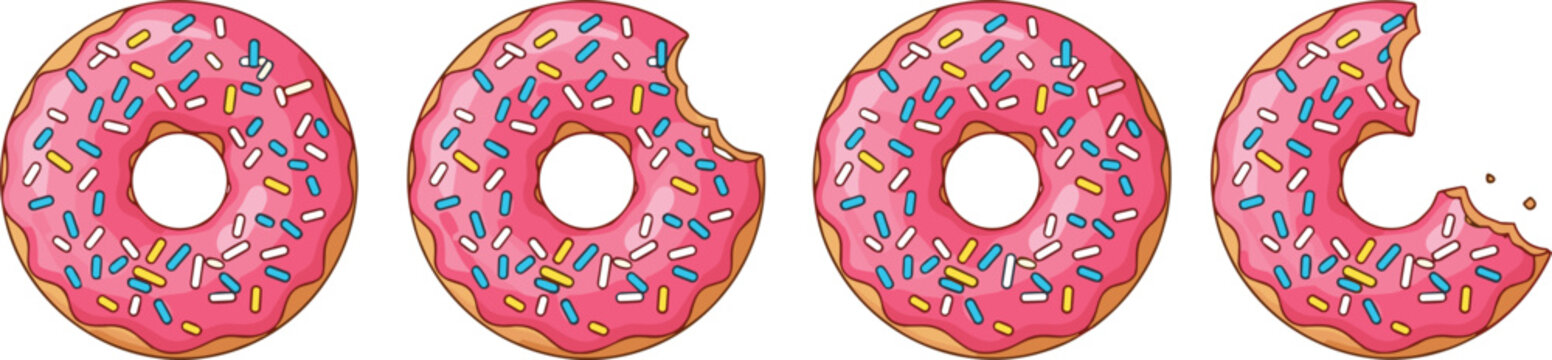 Set of pink glazed donuts with colorful sprinkles and bite marks