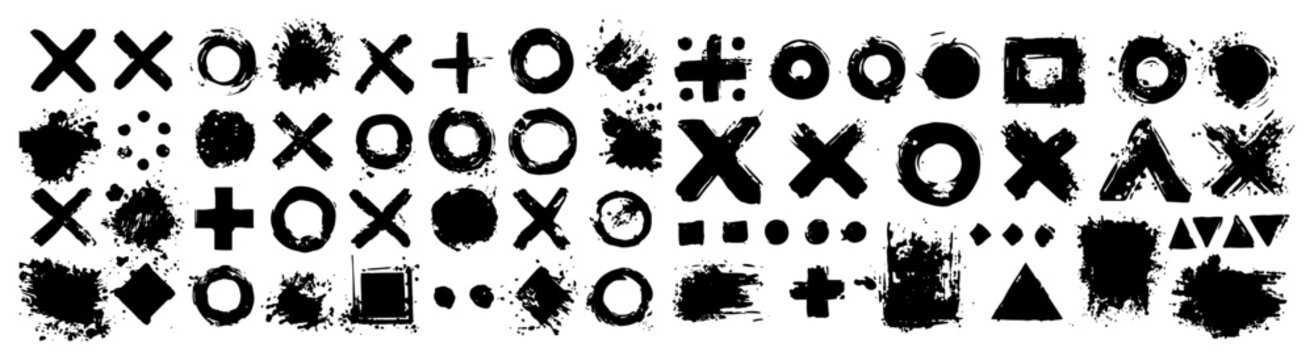 Large set of various grunge icons and distressed geometric shapes including crosses circles and paint splatters