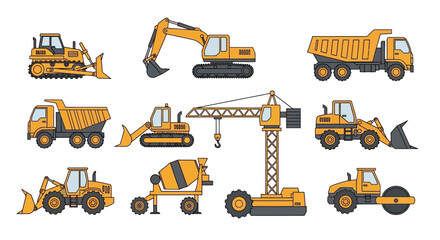Collection of Yellow Construction Vehicles and Equipment. © diyah