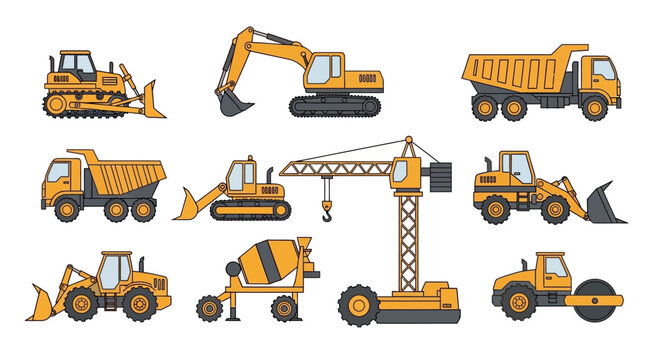 Collection of Yellow Construction Vehicles and Equipment.
