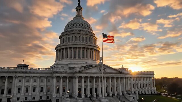 U.S. Capitol Building at Sunrise - The United States Capitol Building is captured at sunrise, with the American flag waving prominently in front.