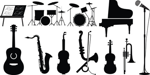 Musical instrument silhouettes, piano, drum set, guitar, saxophone, violin, cello, trumpet, trombone, microphone, music stand, sheet music illustration © Hello World