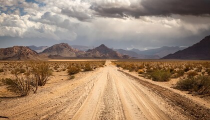 dirt road stretching toward distant rugged mountains under a dramatic cloudy sky in a dry sparse desert landscape