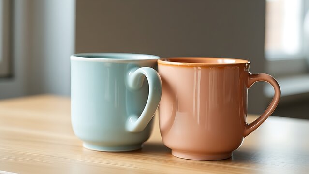 schlegel. Two ceramic mugs of different colors interlocked on a wooden table. bar promotions, beverage menus, designed for product packaging and bar promotions, used by logistics managers.
