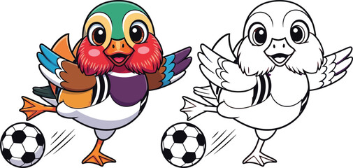 Naklejka premium Colorful Cartoon Mandarin Duck Playing Soccer Coloring Page