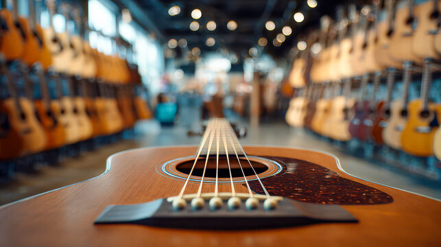 Guitar in focus with many other guitars in a music store during daytime