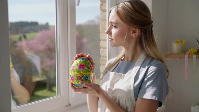 Young woman holding a decorative Easter egg by a window. Female in apron admiring a colorful floral egg during spring. Easter holiday preparation concept