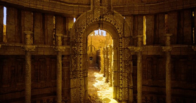 Sunlight fills a grand ancient structure, highlighting intricate carvings and stonework. Debris lies scattered, hinting at past grandeur and historical significance in a once thriving location.