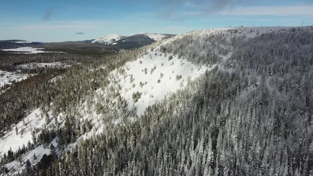 Fly around snowy mountainside 
