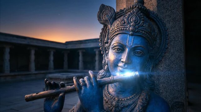 Blue statue of god krishna playing flute against sunset sky and ancient stone architecture, worship concept