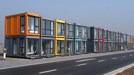 Naklejka premium Row of modular habitat units constructed from brightly colored and gray metal shipping containers