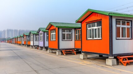 Row of colorful modular temporary housing units stands aligned along a paved area with urban buildings in the distance