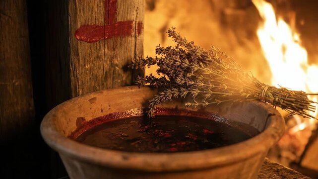 Rustic clay bowl with red liquid and herbs near wooden post marked with red paint symbol and fireplace.