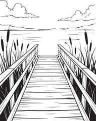 Fototapeta premium Wooden Pier Over Calm Lake with Reeds: Peaceful Waterfront Landscape Vector, engraving Boardwalk Line Art: Black and White Nature Scene for Coloring