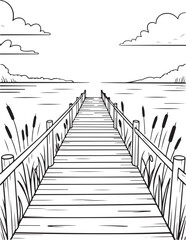 Fototapeta premium Wooden Pier Over Calm Lake with Reeds: Peaceful Waterfront Landscape Vector, engraving Boardwalk Line Art: Black and White Nature Scene for Coloring