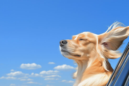 Dog car window wind ear travel sky freedom, happy pet enjoying fresh air during road trip along open highway under blue summer clouds
