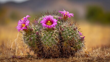 resilient. A resilient cactus with sharp spines and vibrant flowers in soft morning desert light. gardening catalogs, home-decor guides, designed for gardening and botanical catalogs.
