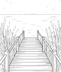 Fototapeta premium Wooden Pier Over Calm Lake with Reeds: Peaceful Waterfront Landscape Vector, engraving Boardwalk Line Art: Black and White Nature Scene for Coloring