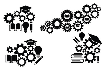 Black education and gear shapes on white background
