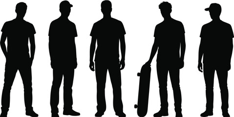 Silhouette people standing casual posture group illustration with skateboard and caps minimal design concept artwork individuality style fashion collection © Hello World