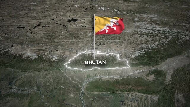 Bhutan Map Animation with 3D Waving of Bhutan National Flag Animation on Satellite Map Background