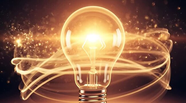 Glowing Light Bulb with Swirling Golden Energy Trails: Abstract Concept of Idea and Innovation
