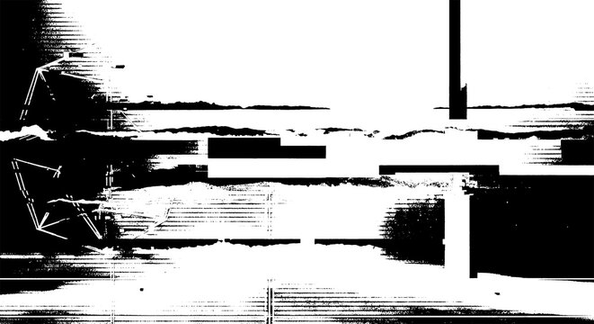 Abstract digital art with fragmented black and white blocks and lines on a white background, simulating a broken screen or data stream.
