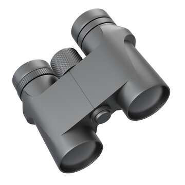 Binoculars optical device featuring matte black compact binoculars with textured focus wheel, diagonal top perspective centered in frame, ideal for travel, wildlife, and surveillance concepts.