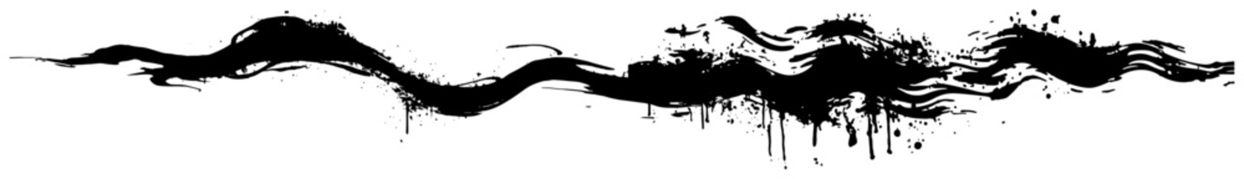 fluid horizontal wave of black ink brushstrokes with artistic drips and splashes