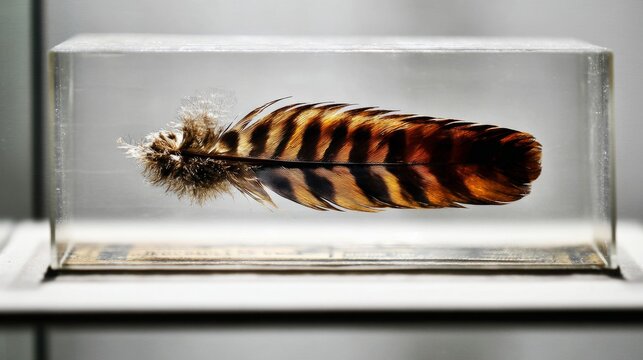 scoter. A scoter duck feather is displayed in a museum glass case with detailed labeling on a neutral background. wildlife magazines, conservation campaigns, designed for eco-tourism storytelling.
