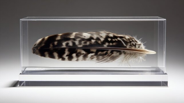 scoter. A scoter duck feather is displayed in a museum glass case with detailed labeling on a neutral background. wildlife magazines, conservation campaigns, designed for eco-tourism storytelling.
