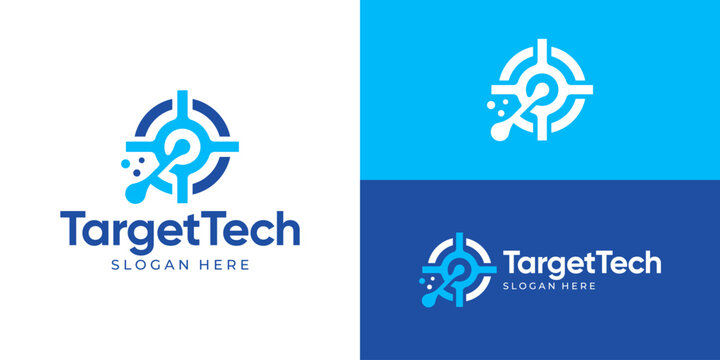 Creative modern target tech logo template. Abstract dart bullseye with dot connection logo design vector illustration.