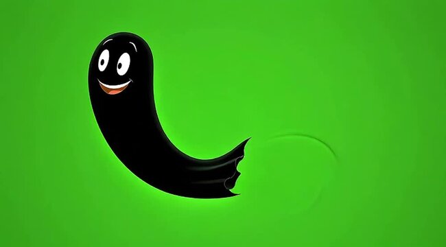 Cartoon black ghost with smiley face on green screen