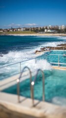 thermal. Seaside thermal pool with foaming waves against a deep blue ocean, serene spa setting. lifestyle magazines, social media lookbooks, designed for influencer and brand collaborations.

