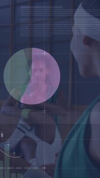 Vertical video: Man smiling, moving arm, camera panning left and starting fitness HUD showing stats