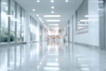 Fototapeta premium Blurred hospital corridor with bright lights and reflective floors, creating a sense of depth and modern architecture.
