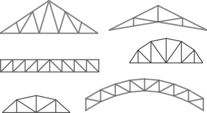 Structural roof truss set, Architectural framework elements, Steel and timber construction types, Blueprint, Building, Editable stroke, Vector, Illustration