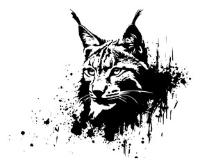 Artistic black ink lynx head illustration with expressive grunge splatter © Wuszu